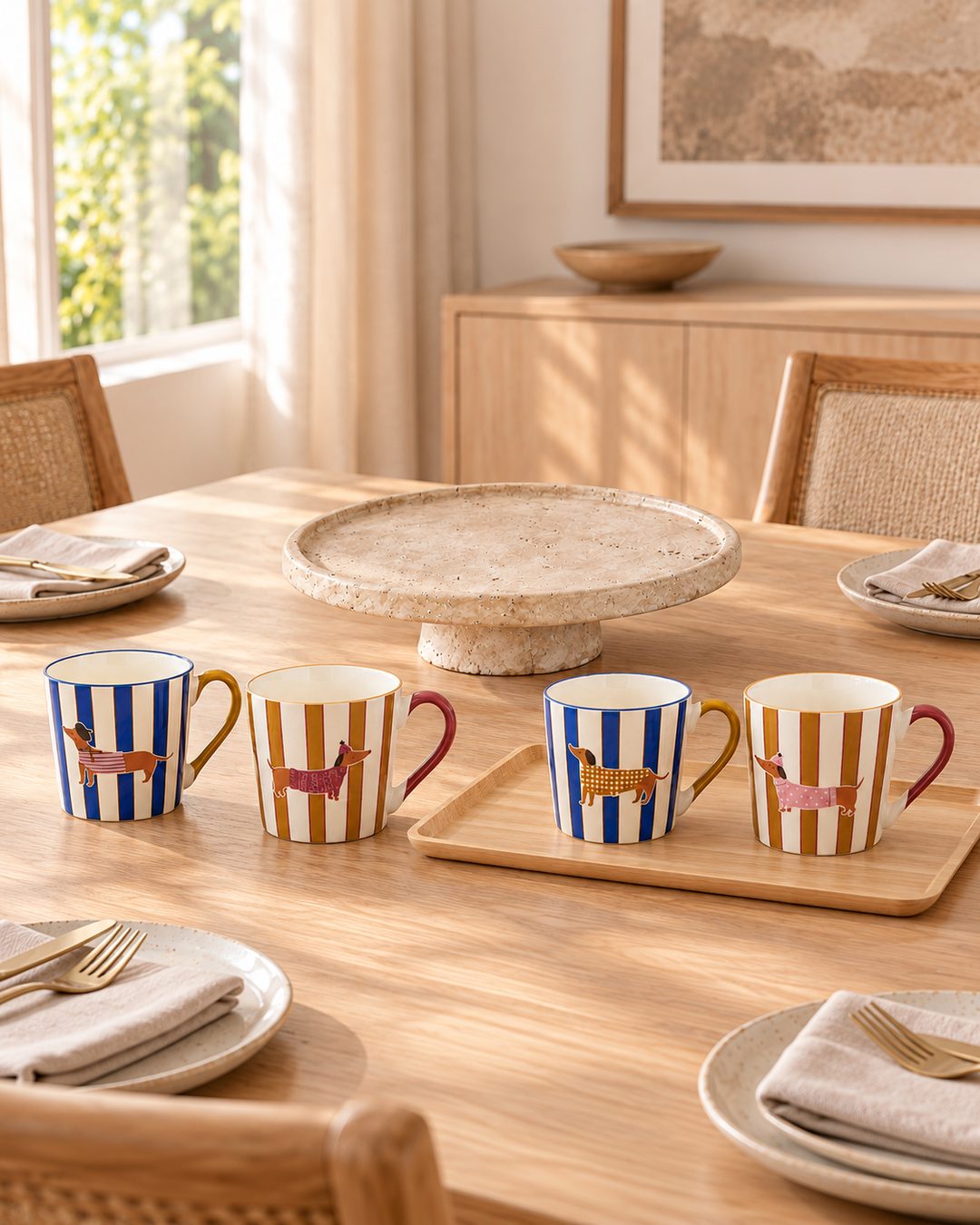 Mugs de rayas con perritos sobre una mesa de madera
