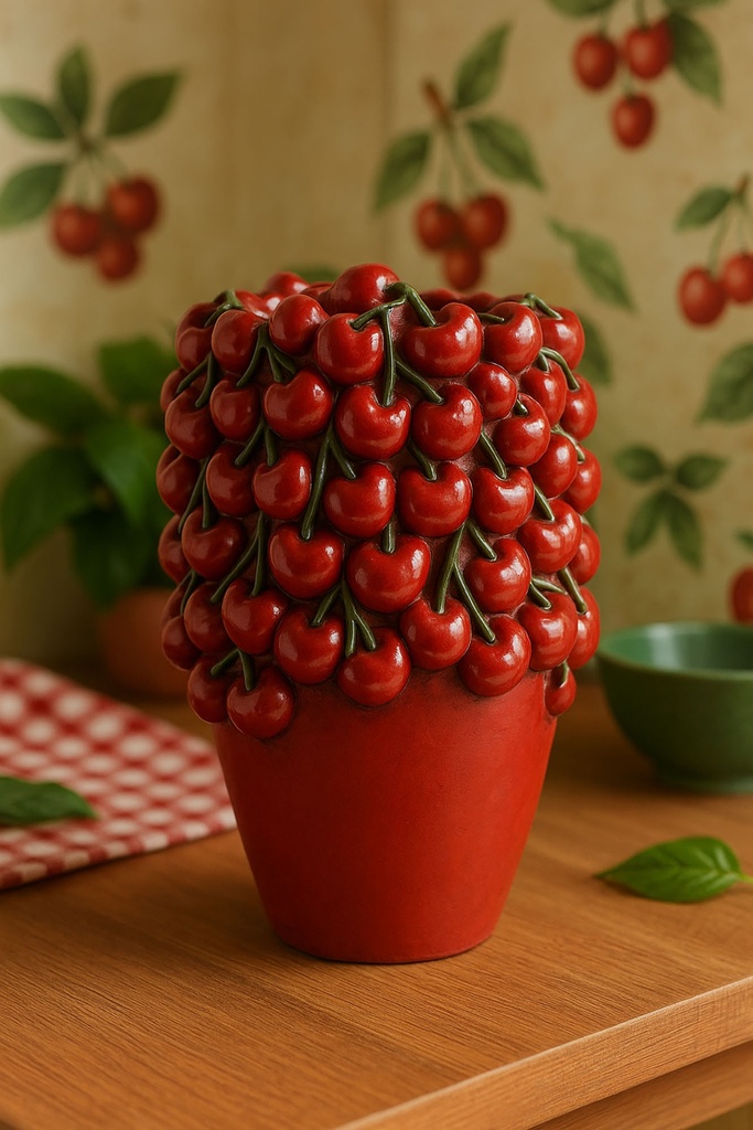 Jarrón de cemento con cerezas, rojo