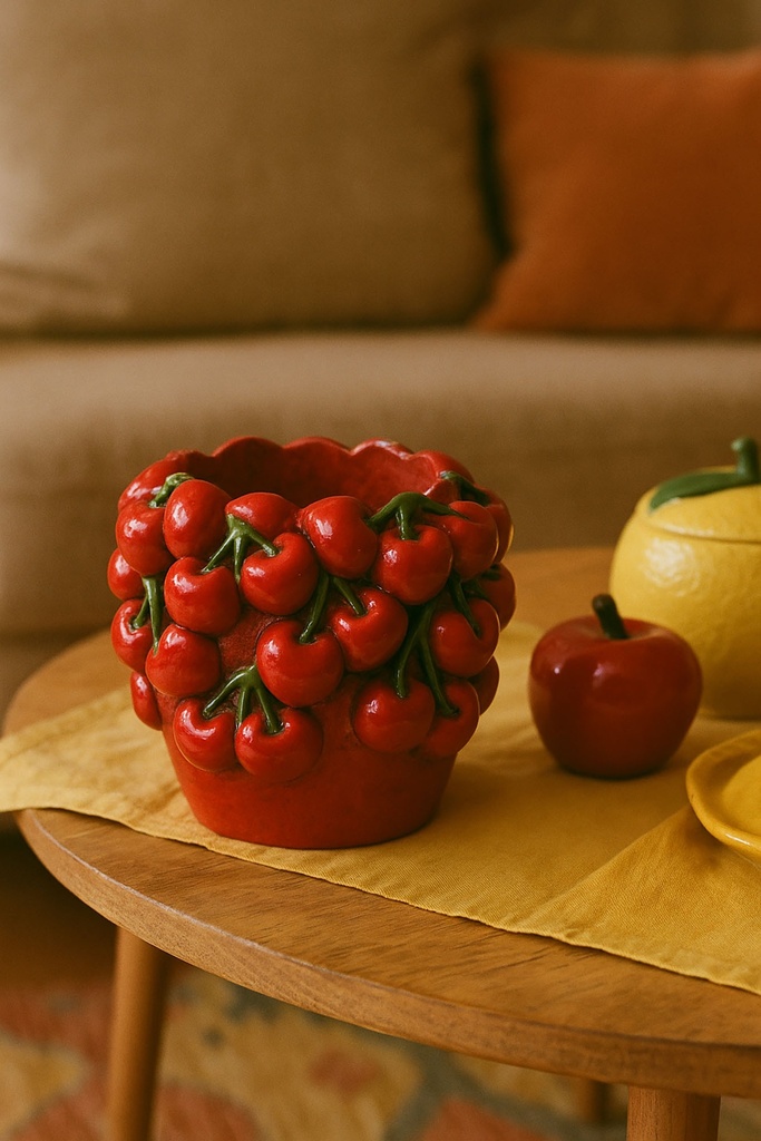 Jarrón de cemento con cerezas, rojo