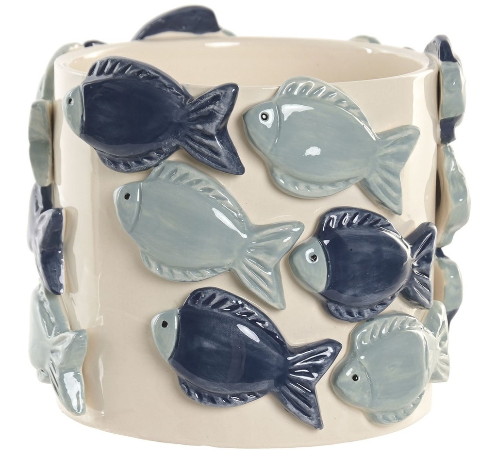 Macetero de cerámica con peces, azul