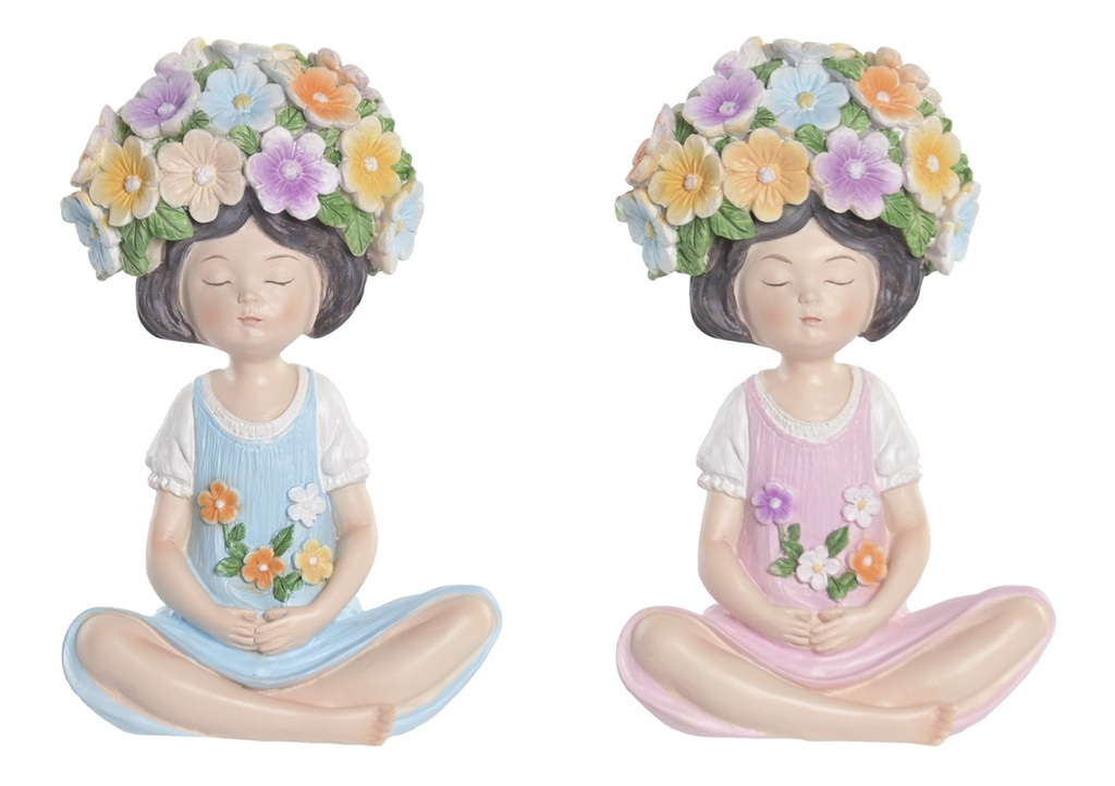 Figura de resina con niña y flores, multicolor