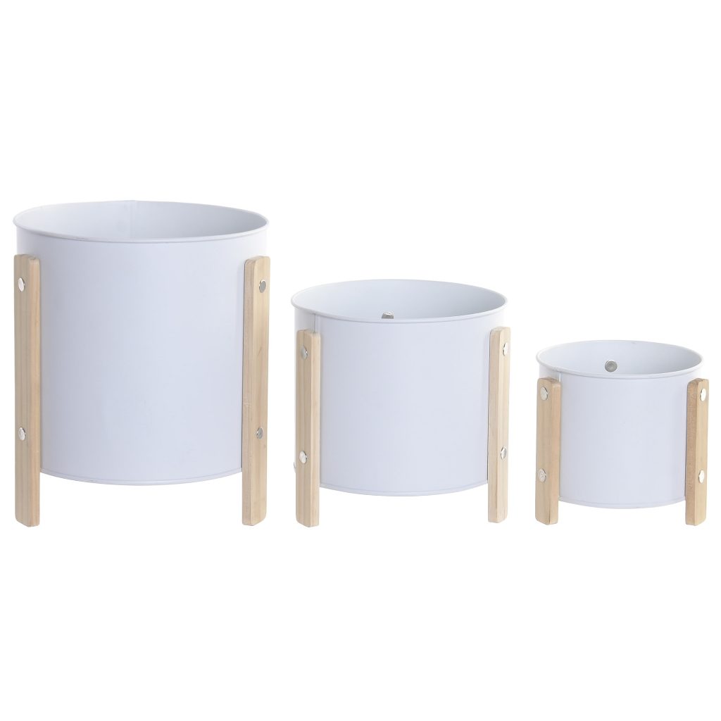 Macetero de metal y madera, crema, grande