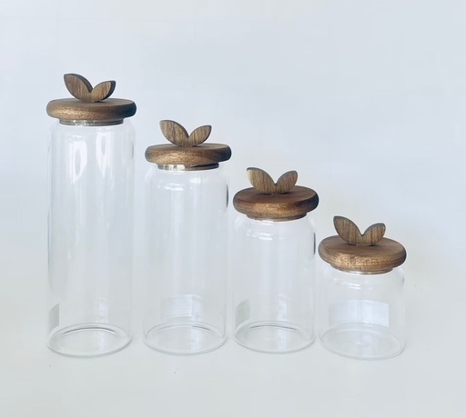[99695] Bote de cristal y acacia, transparente (set de 4)