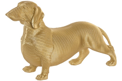 [99849] Figura de resina con perro salchicha, dorada