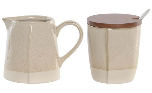 [99981] Azucarero de gres y acacia, lechera, beige (set de 2)
