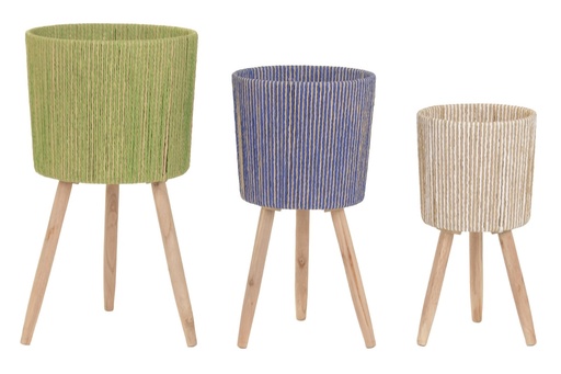 [100326] Macetero de fibra trenzada y madera, pequeño