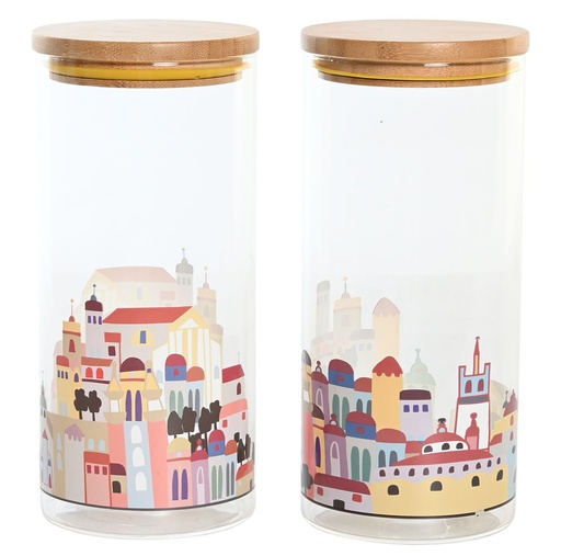[100519] Bote de borosilicato con casitas, 2 diseños surtidos