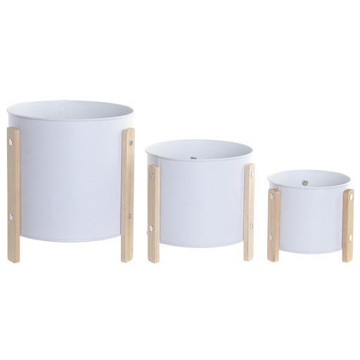 [100697] Macetero de metal y madera, crema, pequeño