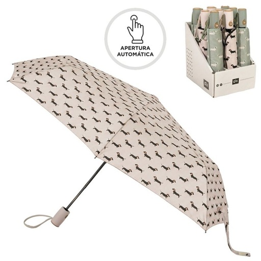 [100749] Paraguas plegable automático con fibra antiviento, teckel, 2 diseños surtidos